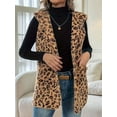 thumbnail image 2 of Women'S Buckleless Hooded Leopard Print Double-Sided Plush Vest Casual Fall Winter Vest with Pockets Dark Brown M, 2 of 7