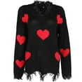 thumbnail image 4 of FANCYINN Womens Sweater Cropped Distressed Heart Print Lightweight Knit Sweaters V-Neck Crop Tops Ripped Pullover Black, 4 of 7