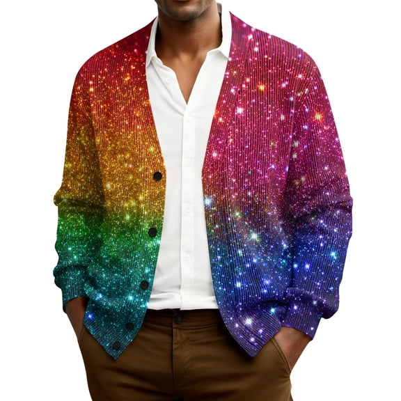 QHRMKOG Mens Cardigan Sweater Loose Fit Long Sleeve Mardi Gras Carnival Graphic Cardigan Trendy Button V Neck Cardigan Sweater Fall Knit Sweaters Blue 2XL