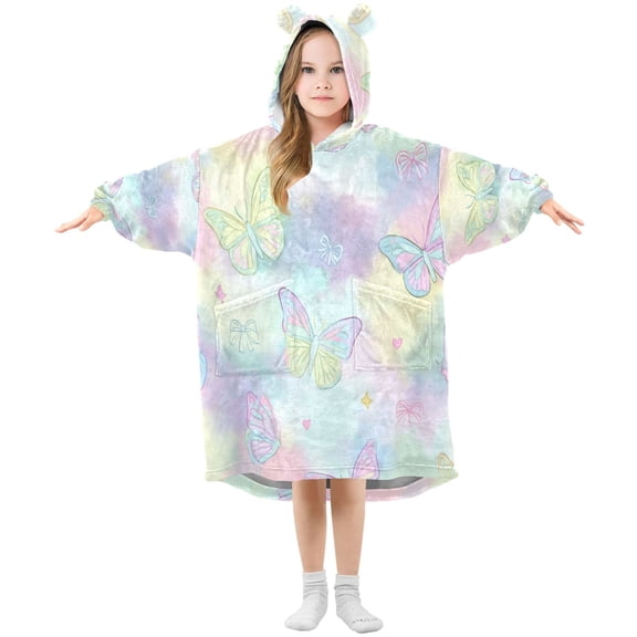 Kids Wearable Blanket Hoodie with 2 Pockets Dream Butterfly Oversize Blankets Sweatshirt for Children Small