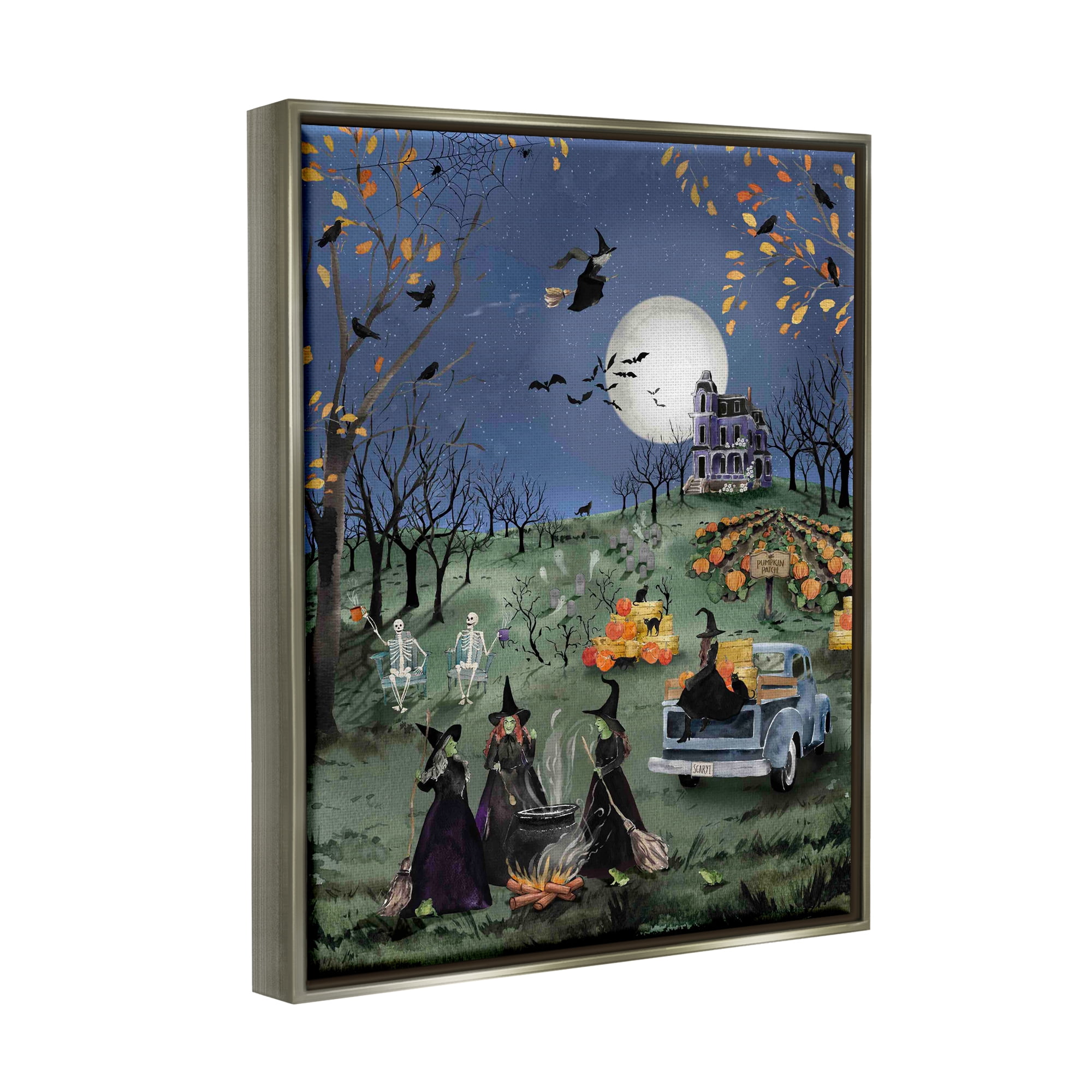 Stupell Industries Autumnal Witches Scene Holiday Painting Gray Floater Framed Canvas Art Print Wall Art, 17 x 21