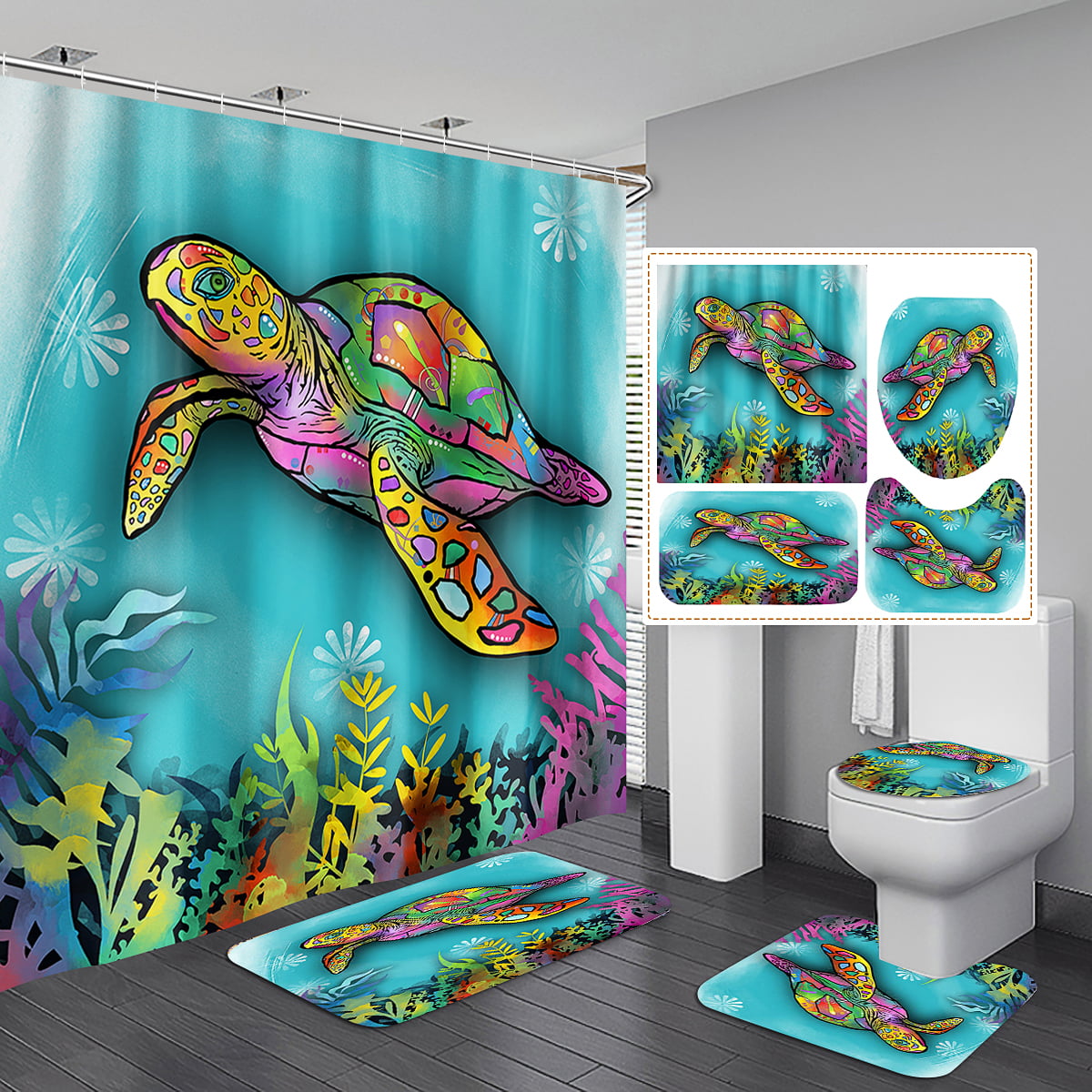 Animated Dragon Print Bathroom Shower Curtain Non Slip Toilet Cover Rugs Mat 