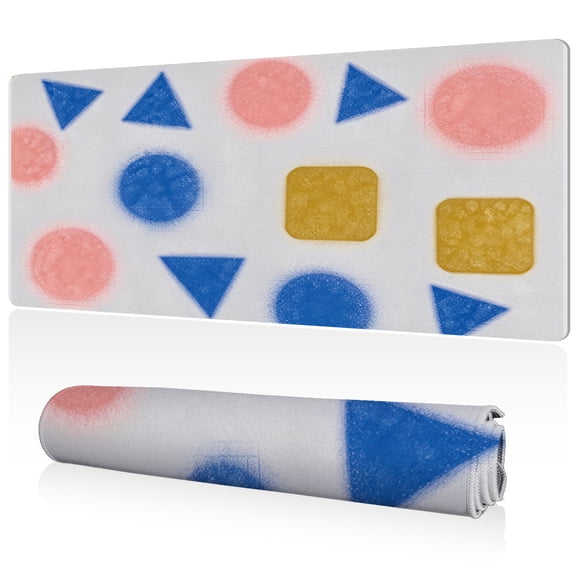 LIVEKEY Mouse Pad 80x40cm Extra Large Non Slip Stitched Edges Full Coverage Durable Easy Clean Geometric Shapes with Blue Triangles Pink Circles and Gold Rectangles Art for Gaming Office