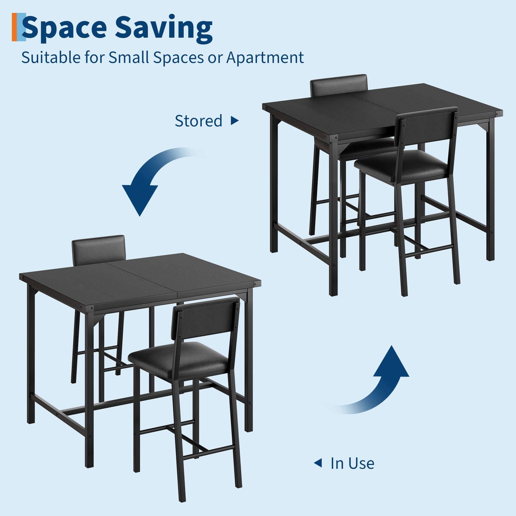 3-Piece Space-Saving Counter Height Dining Set for 2, High Top Table with Corner Protectors & Upholstered Stools with Footrest, Compact Modern Furniture for Kitchen Dining Room - Black