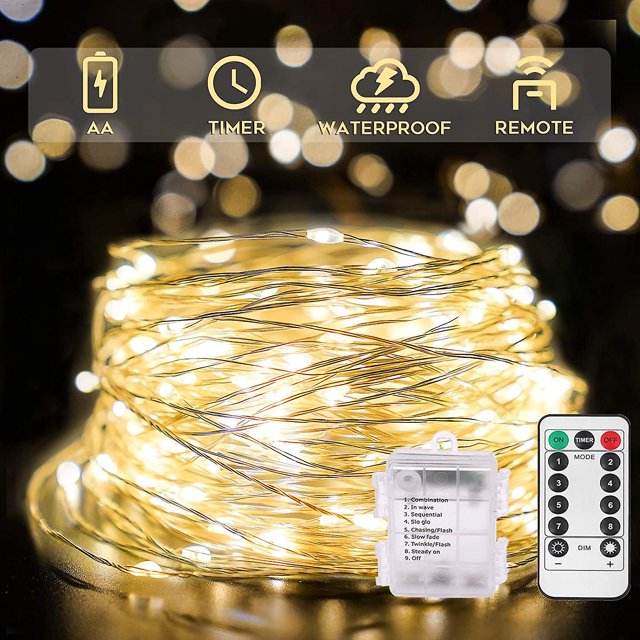 Cadena de luces LED para exteriores de 200 pies, luces de hadas blancas cálidas que funcionan con pilas y control remoto, luces LED centelleantes para acampar, dormitorio, dormitorio, patio, tapiz