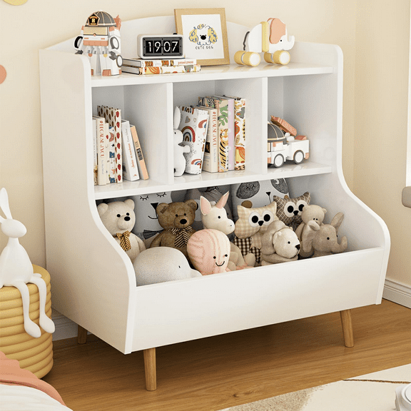 Kids Toy Storage Wood Bookshelf & Toy Organizer Cabinet for Living Room Nursery