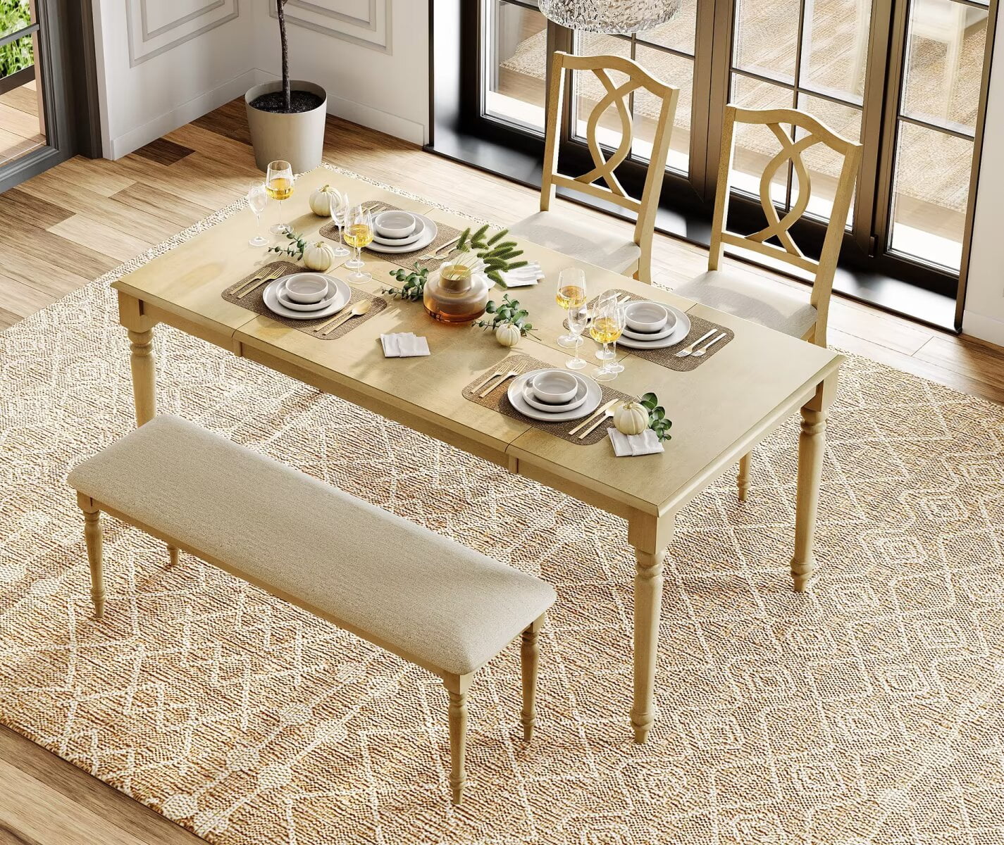 4 Piece Dining Table Set for 4-6 People - Includes One Dining Table, One Upholstered Bench, 2 Wood Dining Chairs, Rustic Dining Set for Kitchen, Oak