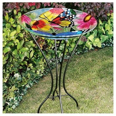 Butterfly Birdbath - Gerson 2066210 Bird Bath, Butterflies & Flowers, Glass With Metal Stand, 26.5-In.