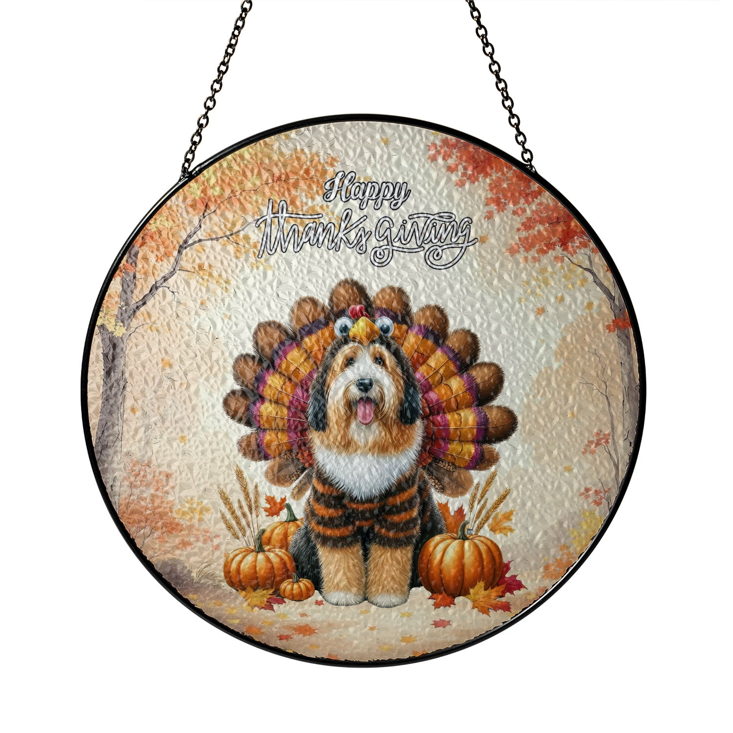 Happy Thanksgiving Old English Sheepdog Turkey Costume Pumpkins Autumn Leaves Stained Glass Suncatcher Dog Lover Window Hanging Sign Decor - 130144
