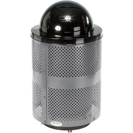 32 gal Outdoor Perforated Steel Trash Can with Dome Lid & Base, Gray