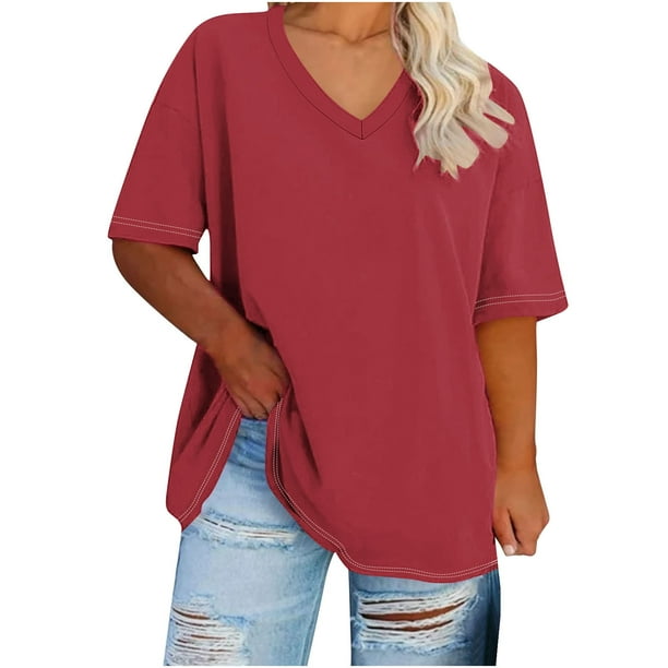 Camisetas Y Tops de Verano para Mujer, Manga Corta con Cuello en V de Gran Tamaño, Camiseta Deportiva de Base de Verano Sólida