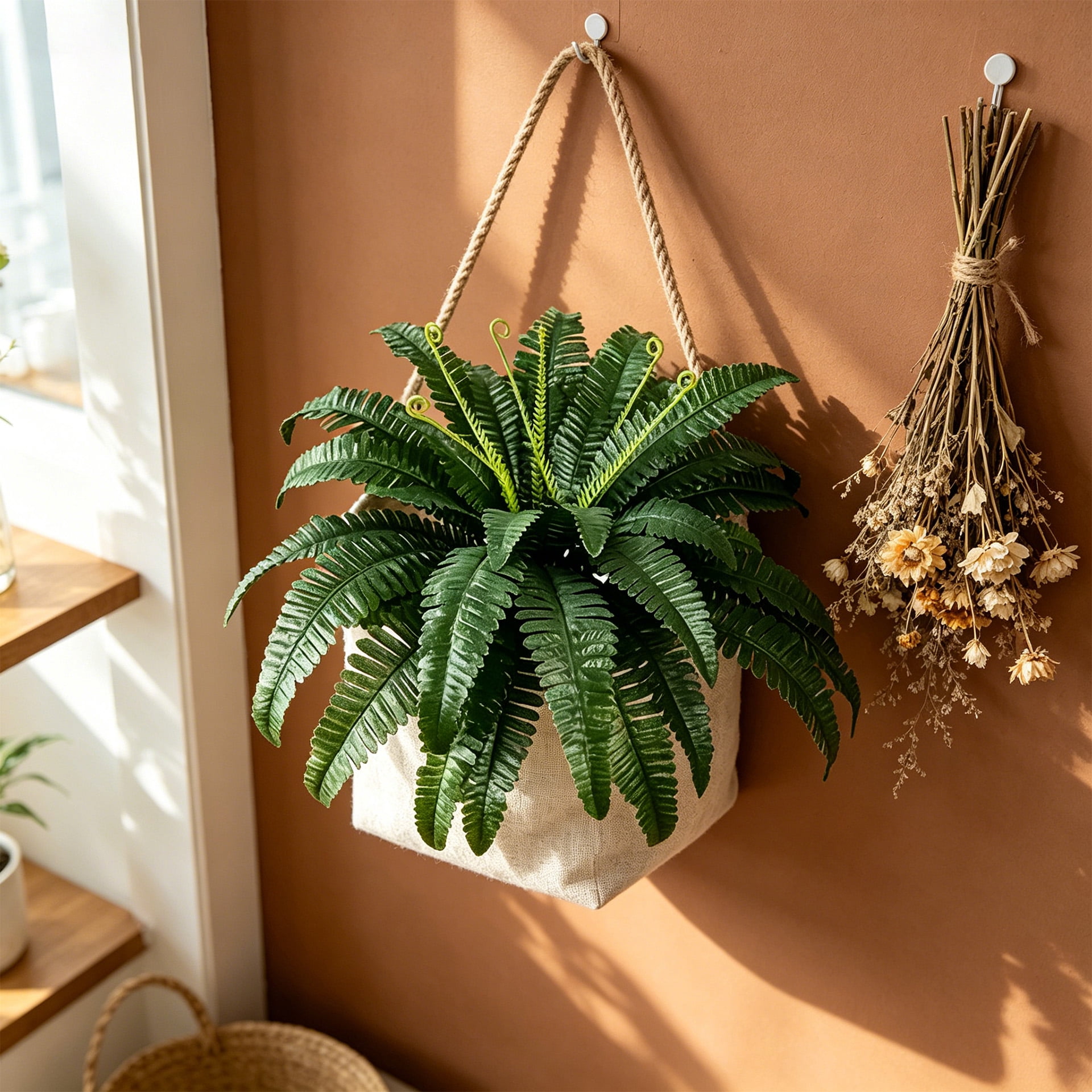 Artificial Boston Fern Plant, 22 Inch Fake Fern with Bendable Fronds, UV Resistant Faux Greenery for Indoor Outdoor Use