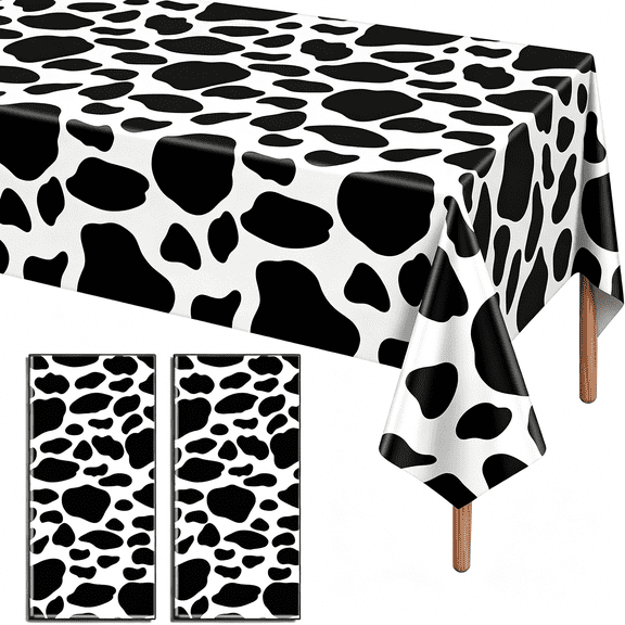 AUQ 2 Pack Cow Print Tablecloth,54 X 108 Inch Pe Plastic Birthday Table Cover,Heavy-Duty Leak-Proof Black&White Disposable Tablecloths for Farm&Western Party Baby Showers