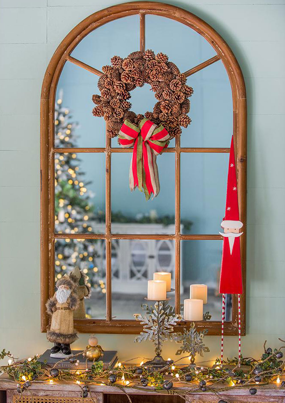 Rustic Terracotta Santa Figurine Christmas Decor Beige Long Coat Santa Statue with Fur Accents Frosted Rock Base Tabletop Mantel Holiday Centerpiece