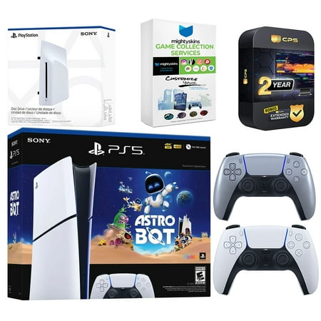 Sony PlayStation 5 Astro Bot Slim Digital Bundle with Disc Drive, Extra Controller, MightySkins Game Collection Services and 2 Year Extended Warranty - Sterling Silver