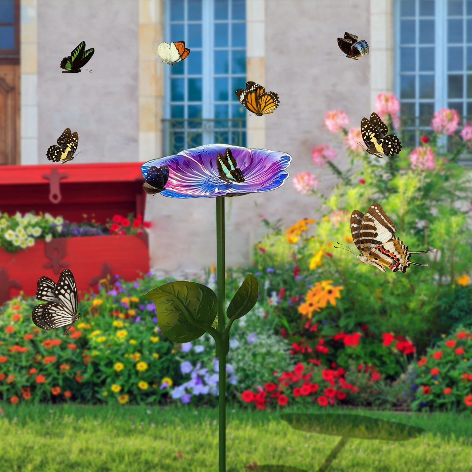 RRJ Bee Butterfly Hummingbird Water Feeder, Outdoor Metal Bird Bath Garden Decoration, Rust-Resistant Courtyard Patio Hanging Feeder for Attracting Pollinators and Wildlife