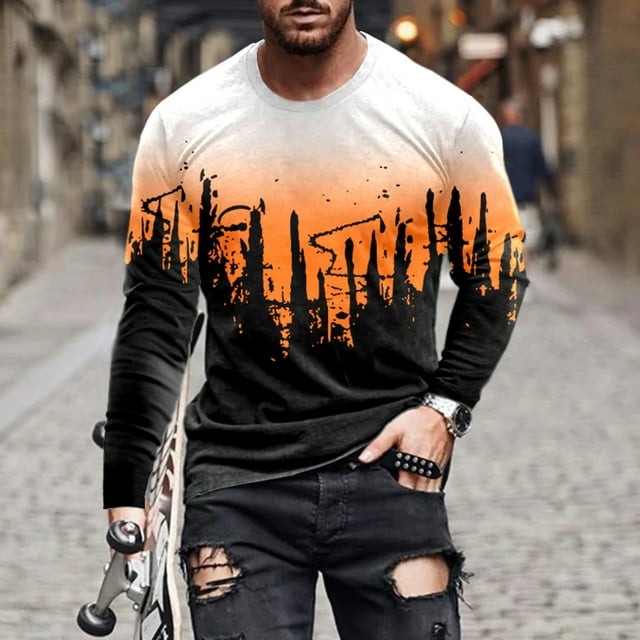 Mikilon Hommes Casual Col Rond Pull Impression Manches Longues T-Shirt Blouse