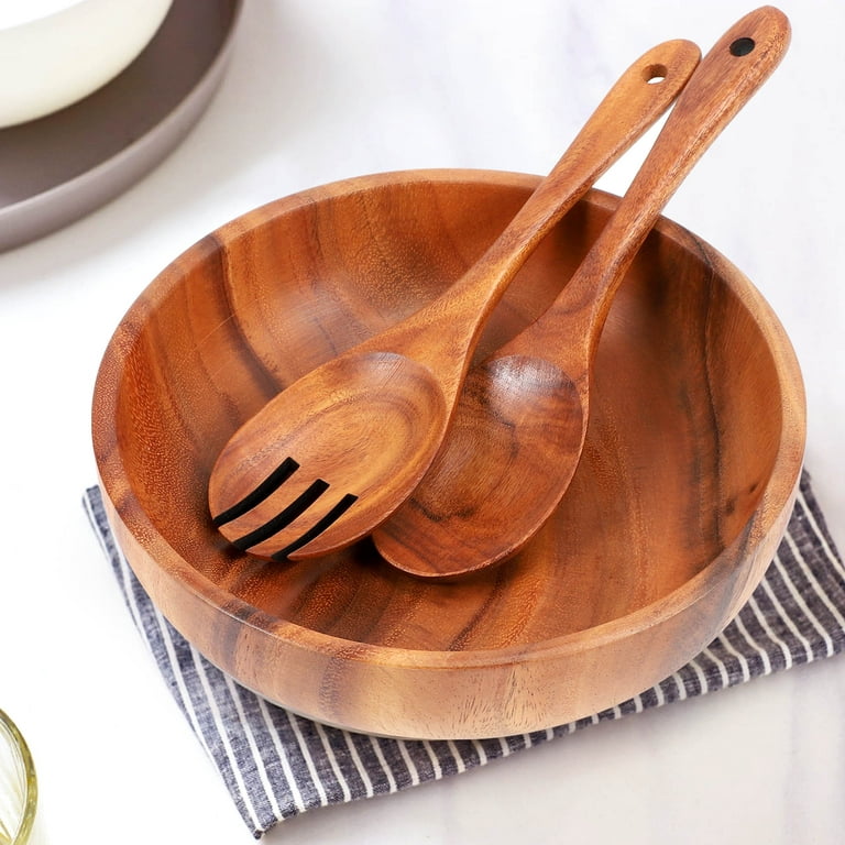 Acacia Wood Salad Bowl with Servers Set - Large 9.4 inches Solid Hardwood  Salad Wooden Bowl with Spoon for Fruits,Salads and Decoration
