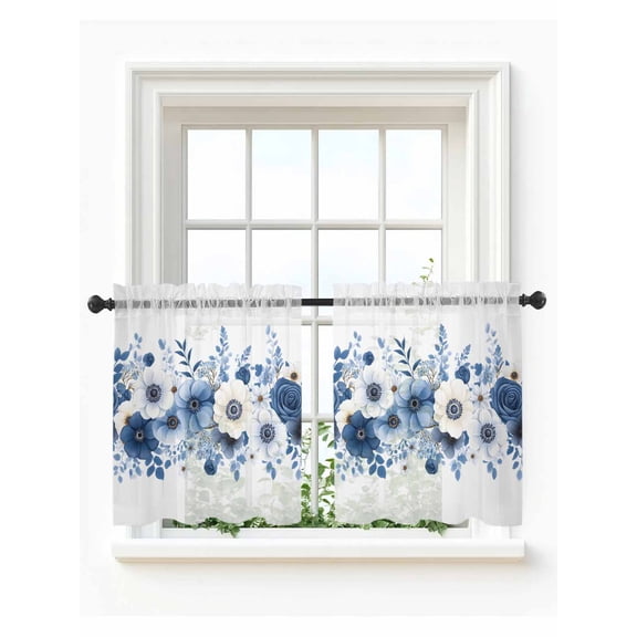 White Blue Floral Tier Curtains 36 Inch Length,Sheer Curtains for Bedroom Living Room Window Elegant Leaves Spring Flowers Rod Pocket Drapes Kitchen Curtains Small Half Window 27.5"x36" 2 Panels