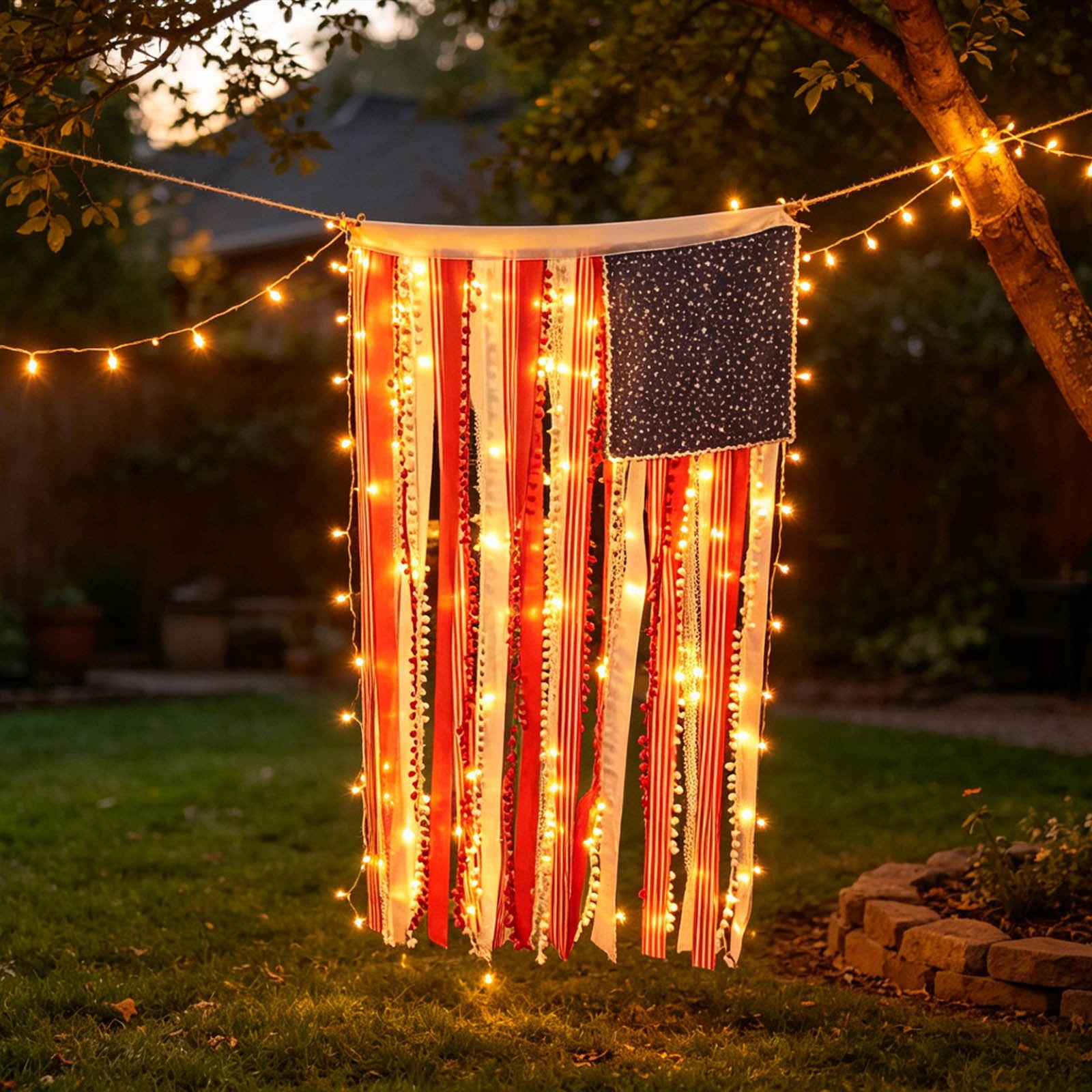 Lighted Rag American Flag Banner, 27×50in Independence Day Fringed Drapery Blue Star Flag, 1776 Decorative Hanging String Lights Flag, for Outdoor Garden Yard Home Party Decoration
