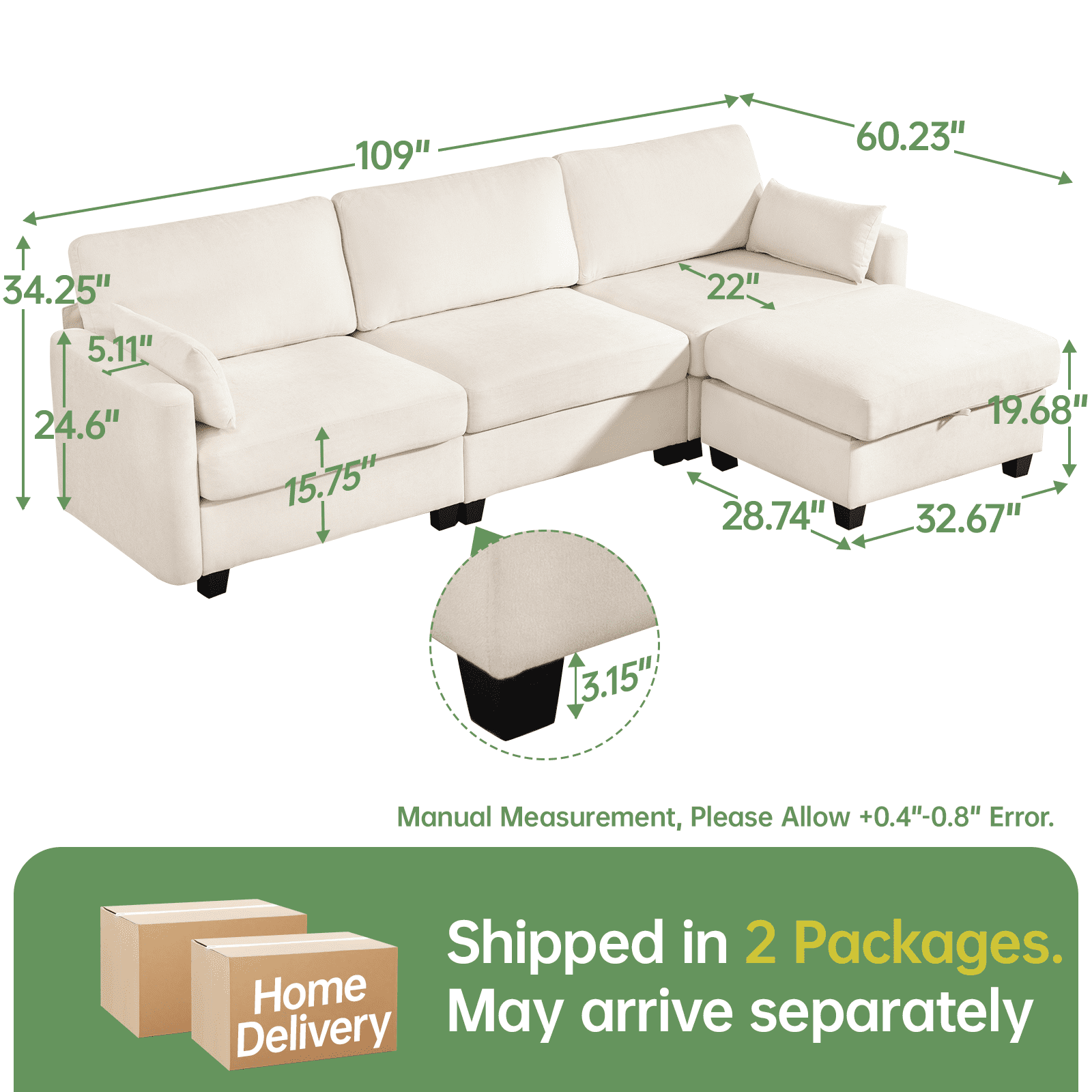 109" Modular Sectional Sofa Sleeper Bed with Storage Ottoman, Oversized Deep Seat Cloud Couch with Movable Ottomans, Convertible 4-Seat L-Shaped Sofa for Living Room or Apartment (High Legs 3.15")