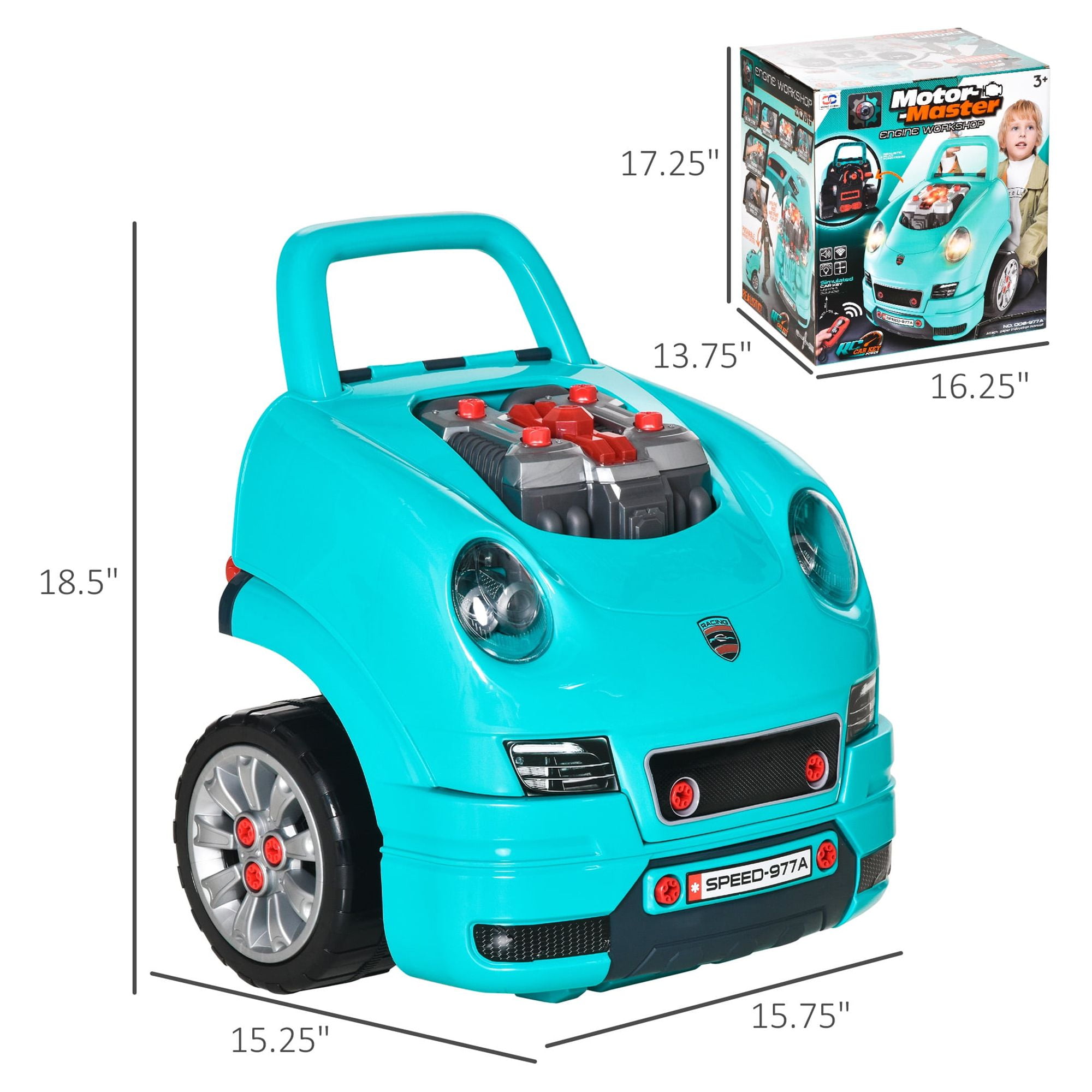 Qaba Mechanic Kids Truck Engine Toy Set, Car Service Playset, Engine Disassembly Play Workshop, 61 Pieces, Steering Wheel, Horn for 3-5 Years , Teal