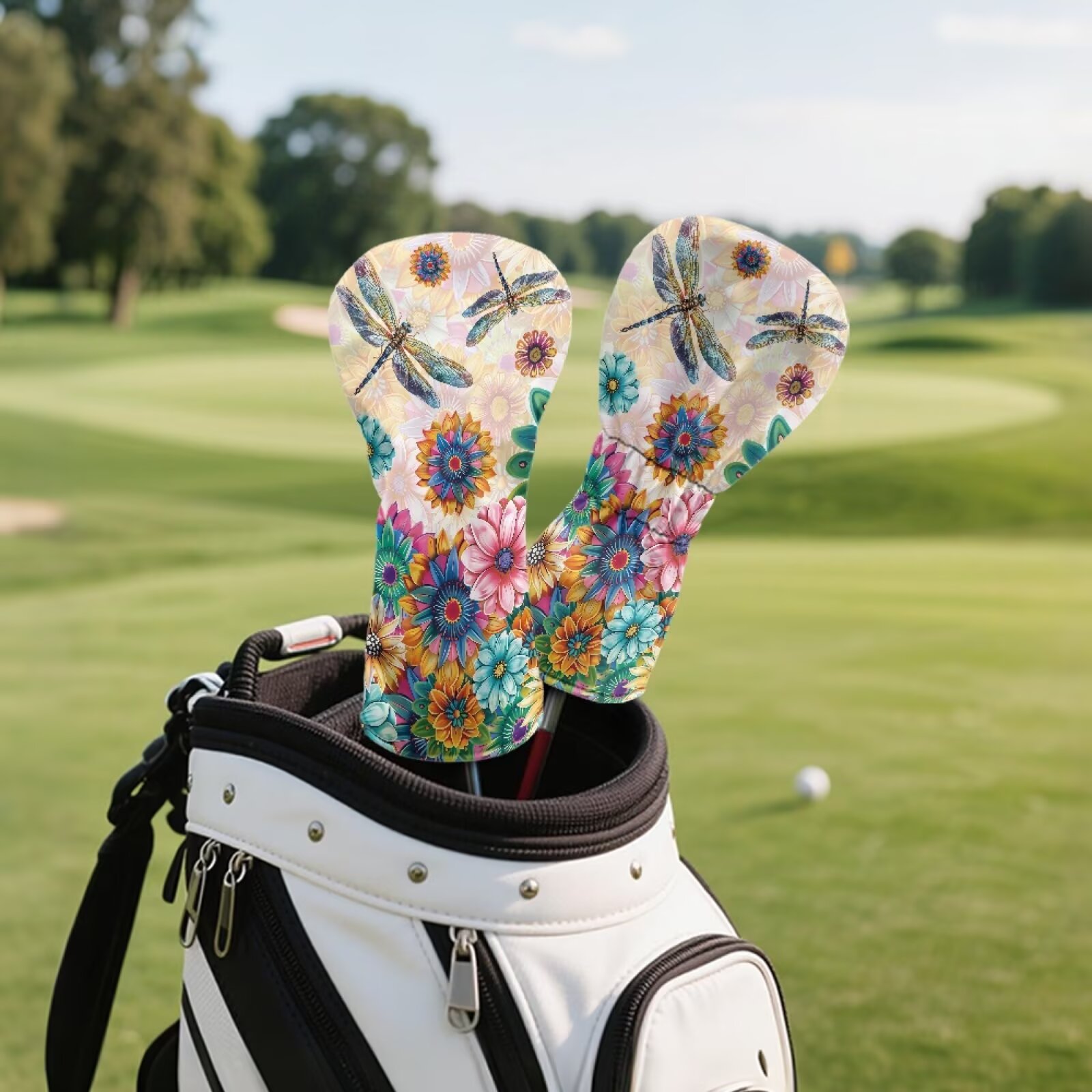 Uorisanigo Golf Club Head Cover for Woods/Drivers/Hybrirds, Premium PU Leather Ethnic Floral Dragonfly Headcovers Accessories for Women Men, Soft Interior Protect Club Head