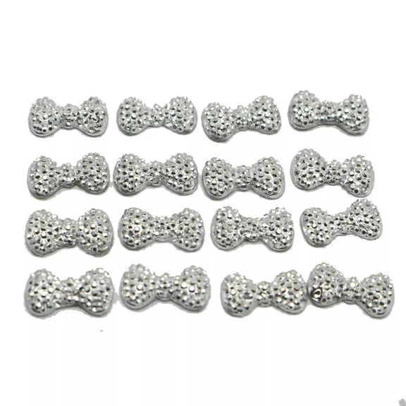 U8MO 200 Silver Bowknot Bows Flatback Resin Dotted Rhinestone Gems 13X7mm