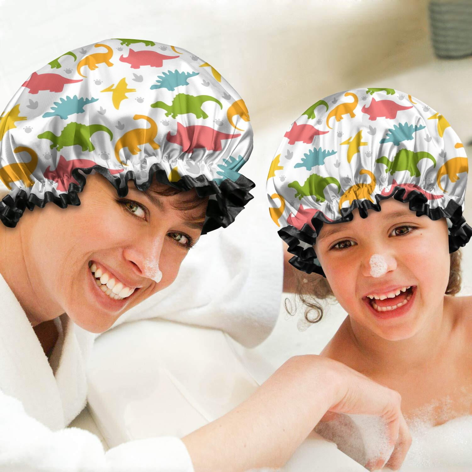 Shower Caps,Colorful Dinosaurs DiverseSilhouettes Pattern Waterproof Shower Cap for Women 4 Pieces,Double Reusable Hair Cover for Shower PEVA Elastic Stretch Hem