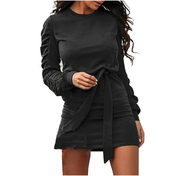 LYXSSBYX Fall Dresses for Women Long Sleeve Fashion Women Autumn Solid Belt Long Sleeve Translucent O-Neck Mini Derss
