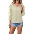 thumbnail image 2 of BRGZLK Women's 3/4 Sleeve Solid Color Summer Gauzy Tops Trendy Button Decoration Henley Shirts Classy Cruise Going Out Outfits, 2 of 6