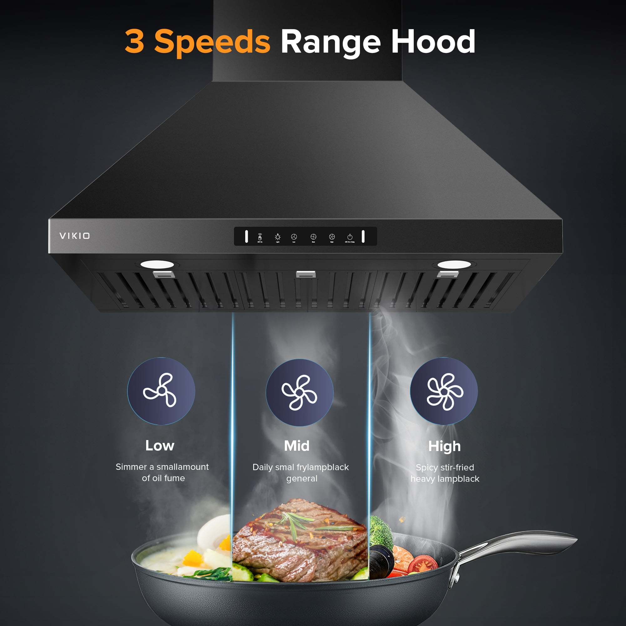 VIKIO 30 inch Wall Mount Range Hood 900CFM Convertible Ducted to Ductless Exhaust Fan, Carbon Filter, Touch Panel, Stainless Steel, Black