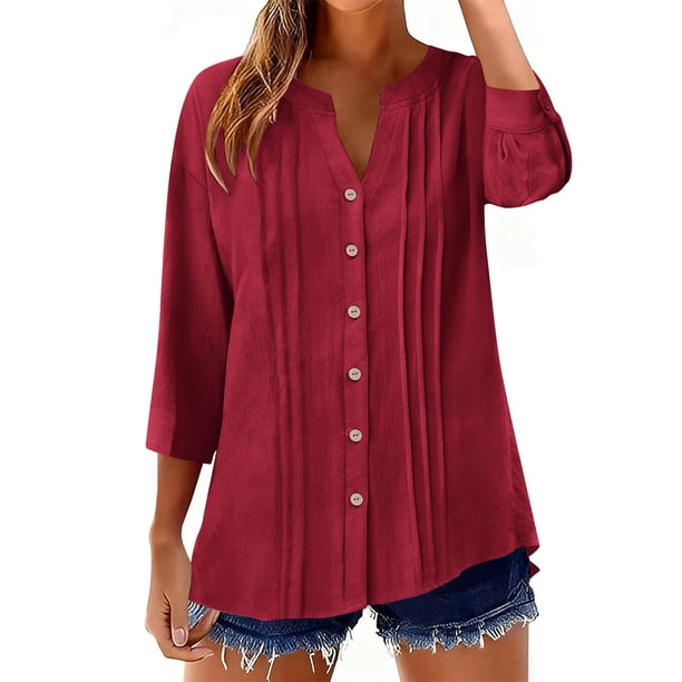 Camisetas de Cuello en V de Manga Larga para las Mujeres Botón Abajo Plisado 3/4 Manga Casual Blusa Suelta, Camisetas de Manga Larga para las Mujeres de Ajuste Suelto