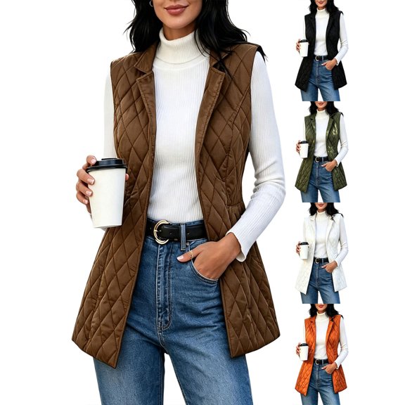 APEXFWDT Women Lapel Quilted Vest Open Front Sleeveless Jacket Lightweight Padded Gilet Vest for Fall Winter