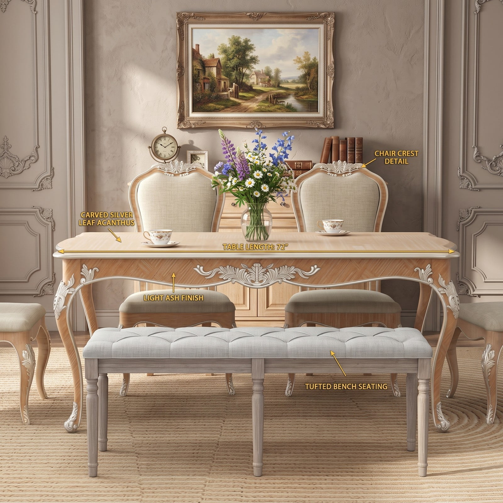 Furnibear 47.5 Inch Upholstered Bench with Button Tufted Padded Linen Seat and Carved Rubber Wood Legs for Bedroom, Beige