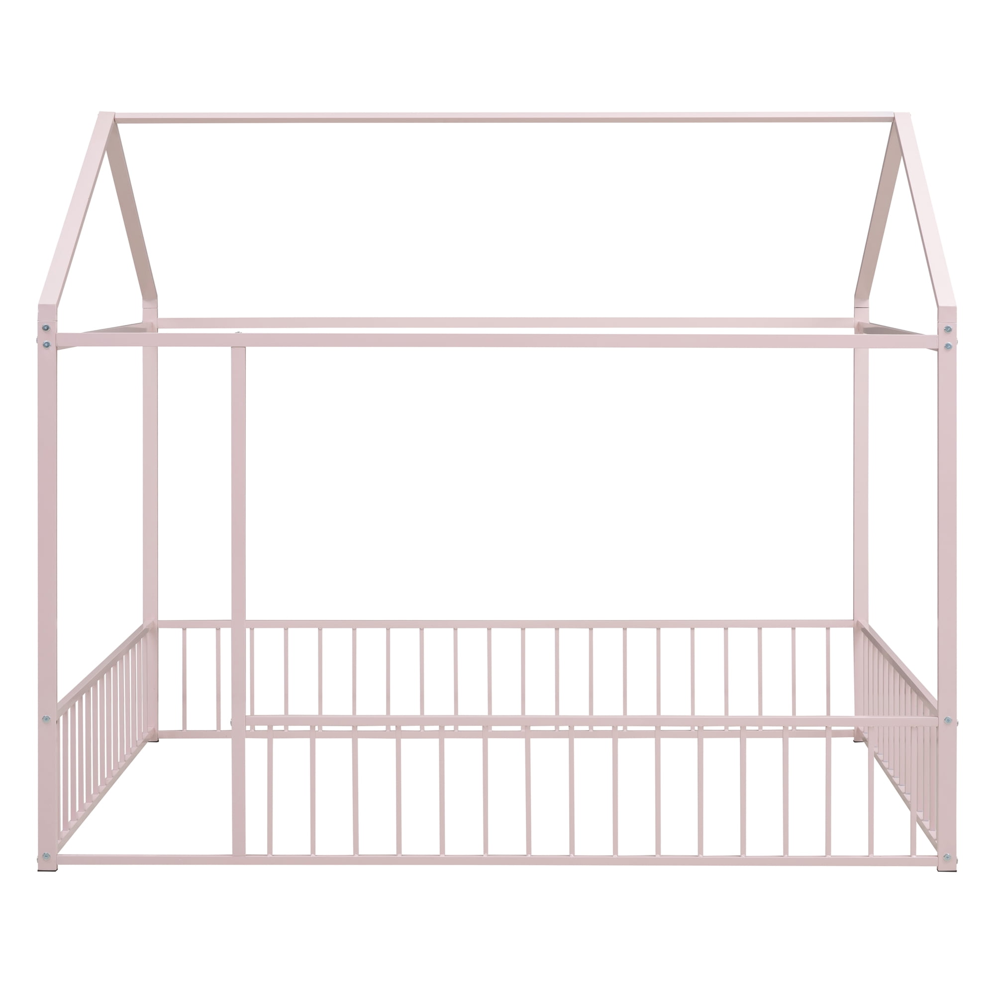 Aukfa Metal House Bed, Full Size Platform Bed with Fence for Kids - Pink