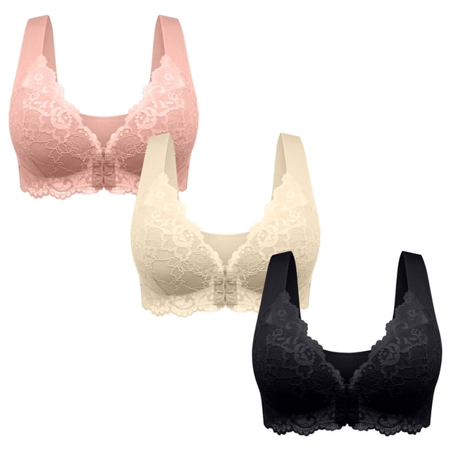 Timegard Bras for Women 3pc Seamless Plus Size Front Closure Smoothing Breathable Comfy Lace Bras