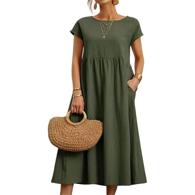 Robe de Plage Décontractée à Manches Courtes en Coton et Lin pour Femmes avec Poches