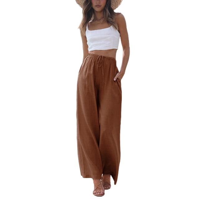 Pantalón palazzo de algodón y lino para mujer Faleave, color óxido, talla M