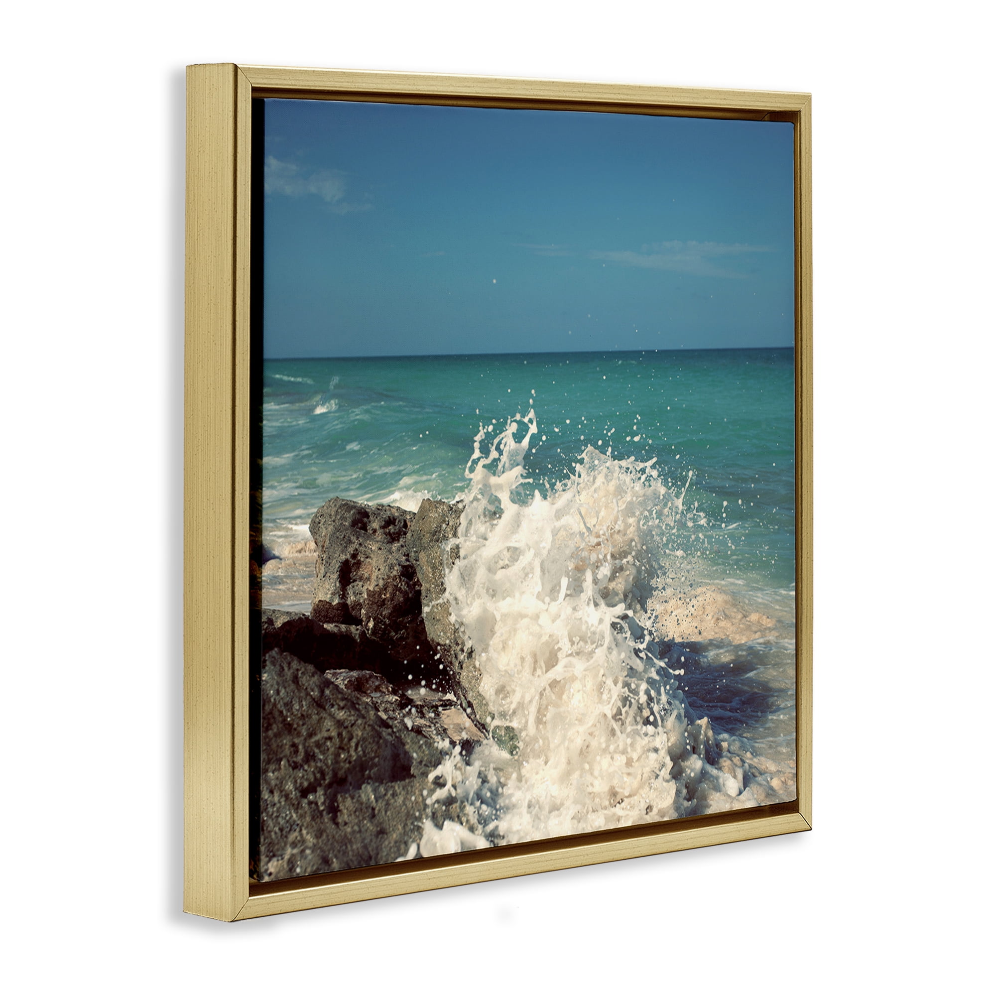 Stupell Industries Splashing Beach Spray Coastal Photography Gold Floater Framed Canvas Art Print Wall Art, 18 x 18