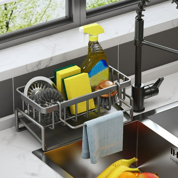 TIMIFIS Kitchen Sink Caddy, Stainless Steel Sponge Holder, 4 In 1 Sink Basket Brush Holder + Dish Cloth Hanger + Soap Rack + Sink Stopper Holder + Sponge Holder for Kitchen Sink
