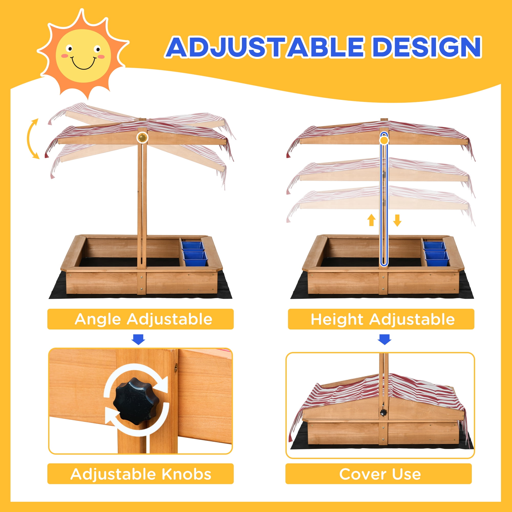 Kids Wooden Sandbox with Adjustable Height Canopy Cover, Built-in Seats & Storage Bins, Outdoor Sand Play Station with Bottom Liner & Plastic Basins for Backyard Beach Lawn