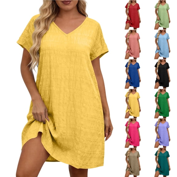 Smsaxvxz Summer Plus Size Dresses for Women 2026 Short Sleeve V Neck T-Shirt Dress Casual Solid Loose Flowy Midi Sundress Yellow 5XL