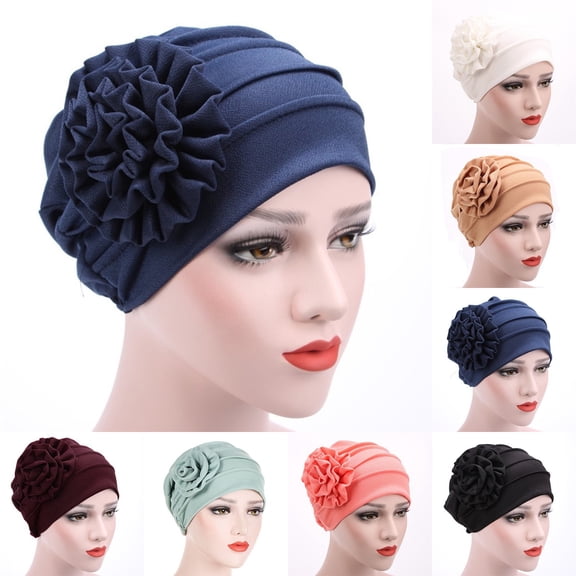 Women's Soft Hijab Hat, Side Applique Flower Muslim Baotou Hat, Modest Head Covering for Daily Prayer and Conservative Wear, Beanie Style-Black