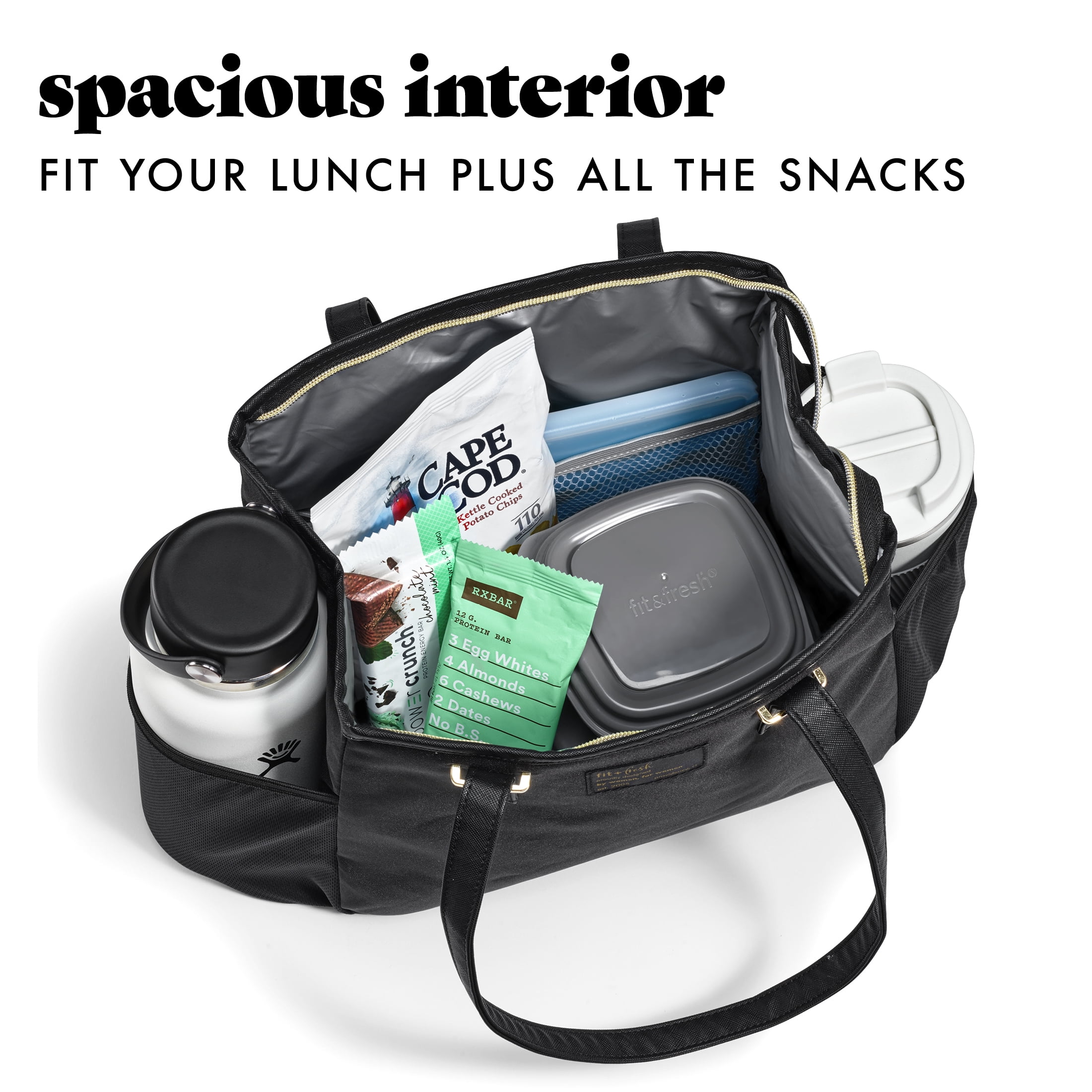(5 pack) Fit & Fresh Copley Lunch Bag for Women, Large Lunch Tote, Reusable Insulated Lunch Bag for Work, Black, Best Used for On-the-Go Snacks, Workday Meals, and Travel