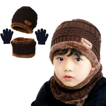 

1-5Y Kids Winter Warm Knitted Scarf Beanie Hat and Gloves Set Little Boys Girls Soft Stretch Hat Scarf Mitten Set Fleece Lined Set 3 Pieces