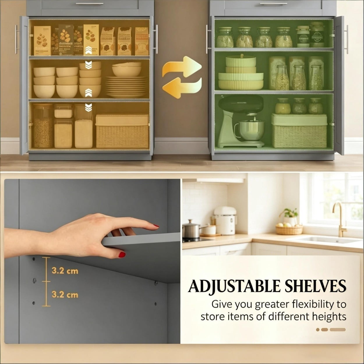 72" Tall Kitchen Pantry Cabinet with Drawer & Adjustable Shelves, Freestanding Storage Cabinet with Doors, Modern Farmhouse Cupboard Organizer for Kitchen Dining Room Living Room, Gray