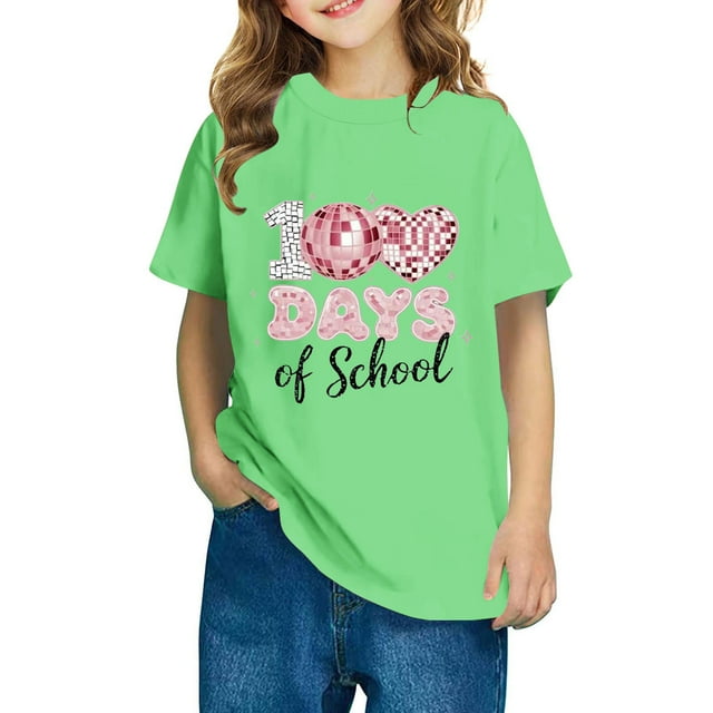 Xihbxyly Camiseta con Estampado Escolar, Bonita Camiseta de Cuello Redondo, Tela Suave y Transpirable, Ropa Informal, Conjunto de Verano para Niñas, Ropa Escolar Diaria, de 3 a 14 Años, Un Regalo de