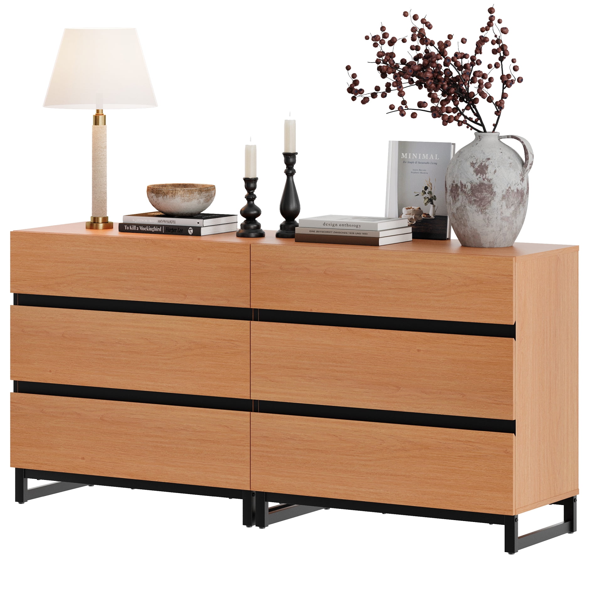 Modern TV Stand with 6 Drawers and Metal Base, Entertainment Center Media Console for Living Room Bedroom, Fits TVs up to 70 Inch, Mocha