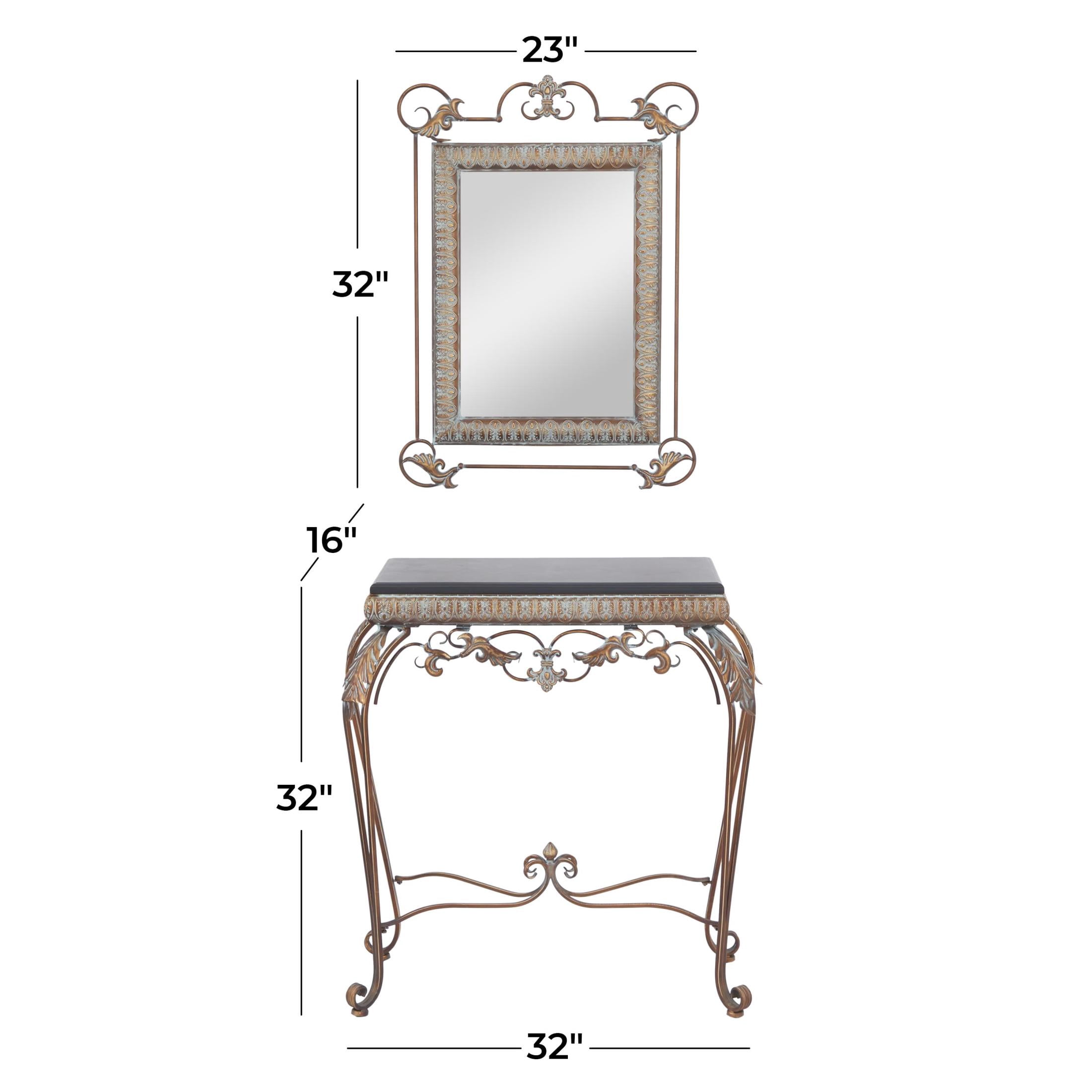 DecMode 23" x 32" Bronze Metal Leaf Console Table with Mirror with Scrolled Legs, 2-Pieces